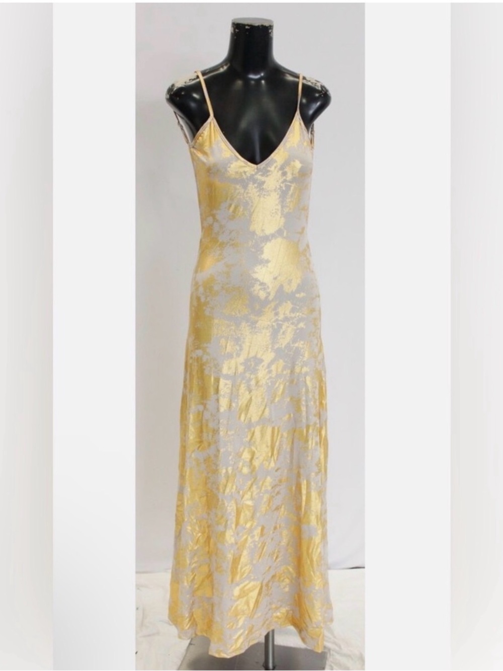 Gold Floral Satin Maxi Slip Dress with V-Neck